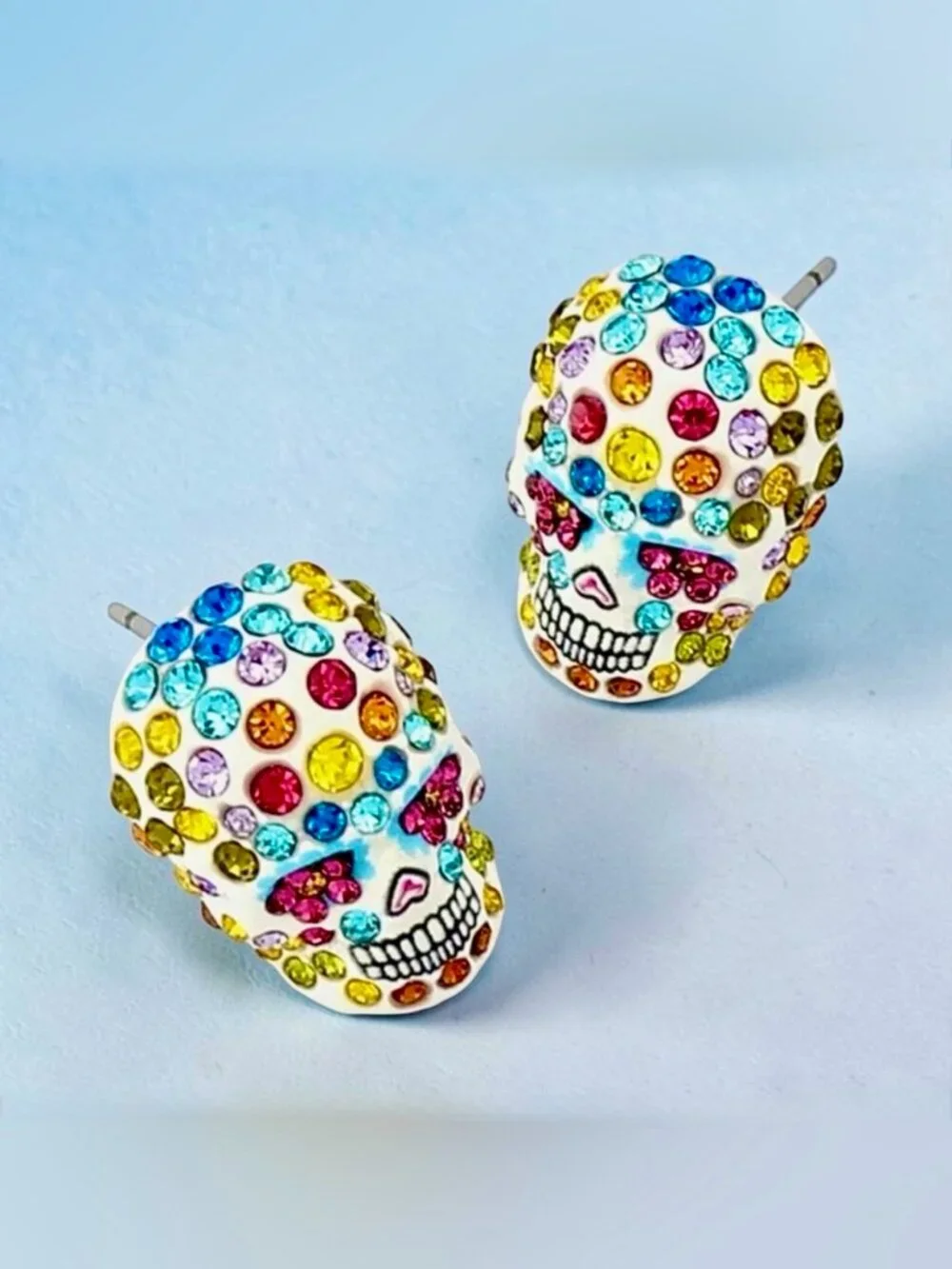 Betsey Johnson Sugar Skull Stud Earring Colorful Pave Crystal Dia De Los Muertos